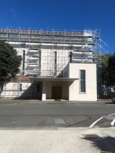 Scaffolding around entrance to Waiapu Cathedral