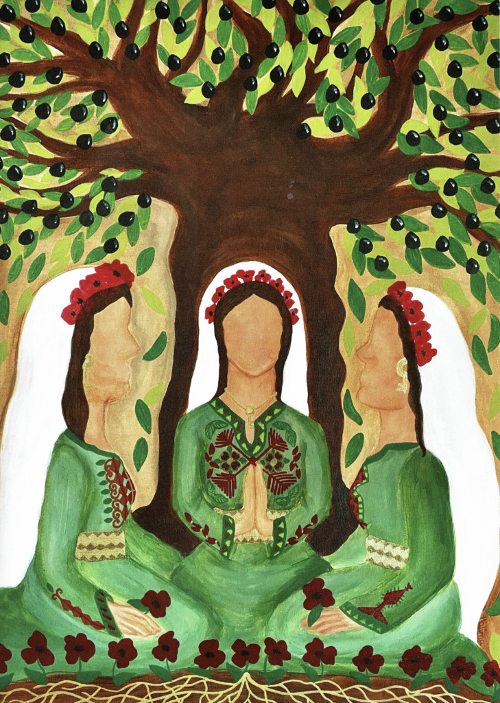 Painting of three women in green praying under a flowering tree